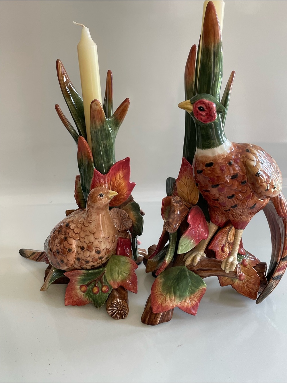 Fitz and Floyd Ceramic Pheasant Pair in Green, Red and Brown